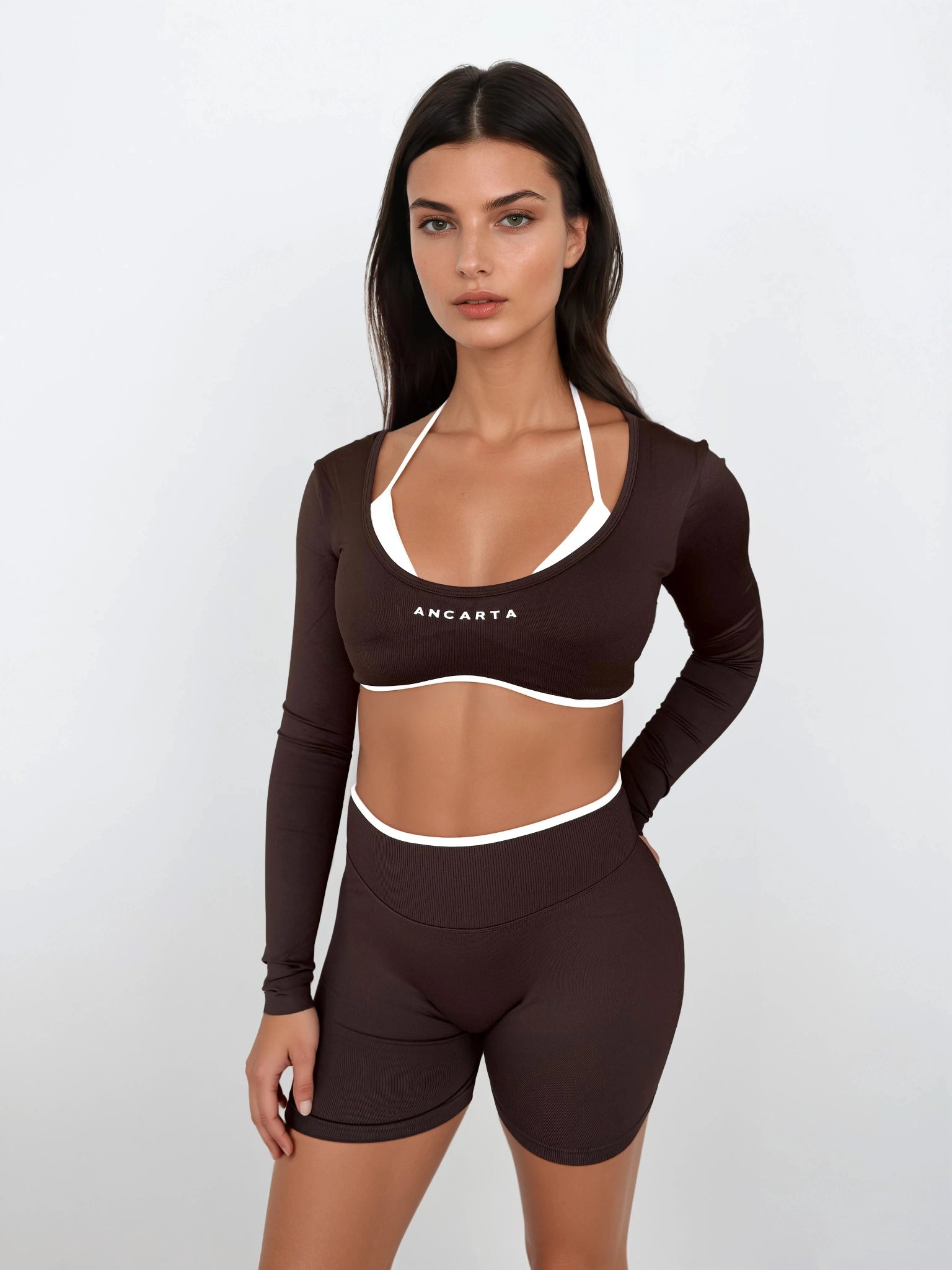 Vital Long Sleeve Crop — Coffee activewear by ANCARTA – Australian athleisure brand