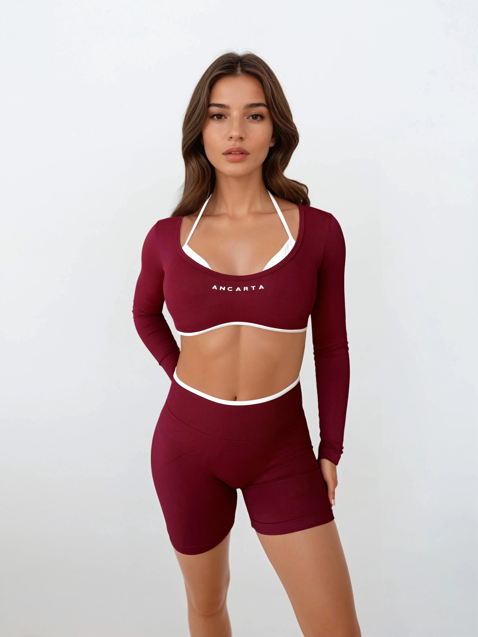 Vital Long Sleeve Crop — Deep Cherry activewear by ANCARTA – Australian athleisure brand