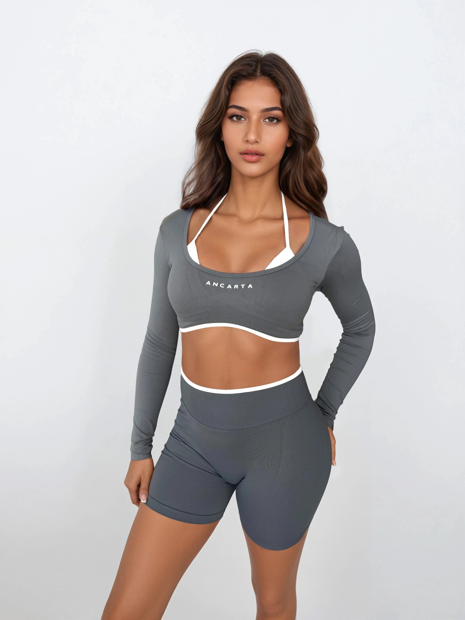 Vital Long Sleeve Crop — Soft Slate activewear by ANCARTA – Australian athleisure brand